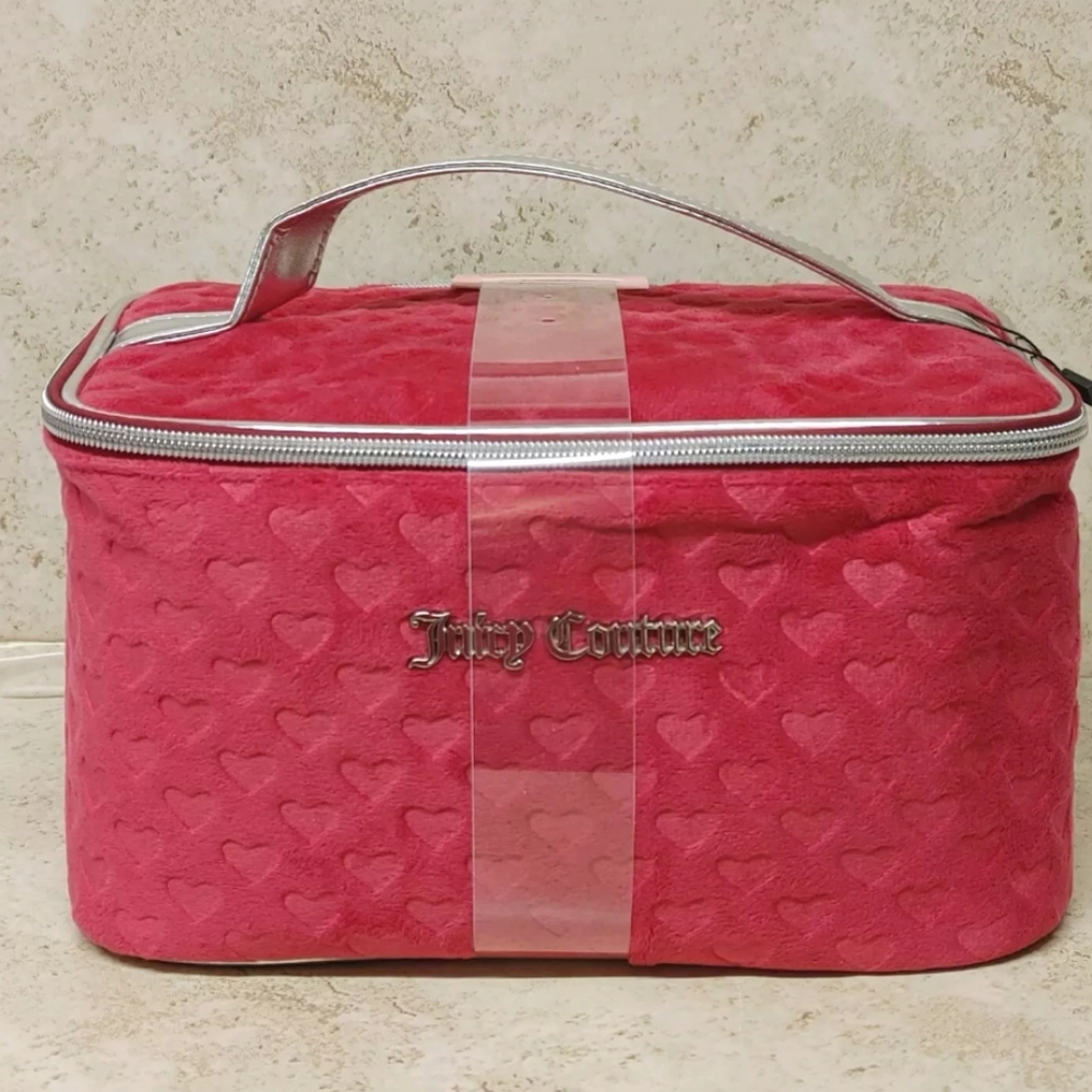 Juicy Couture Travel Case Set Velour With Strawberry Pouch Pink Hearts NEW